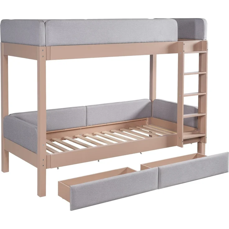 Etagenbett mit gepolstertem Rausfallschutz und Schubladen, 90x200cm, Kinderbett mit Trittleiter und Lattenrost, Massivholz – Bild 9
