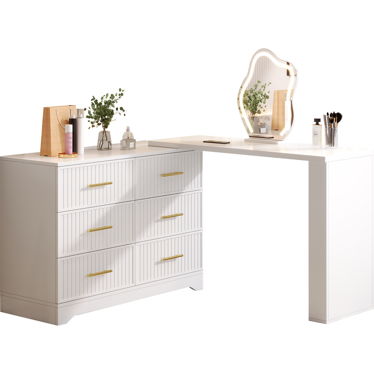 Drehbarer Schminktisch B 110 x T 40 x H 129 cm, längenverstellbar, mit LED-Spiegel und 6 Schubladen – Bild 7
