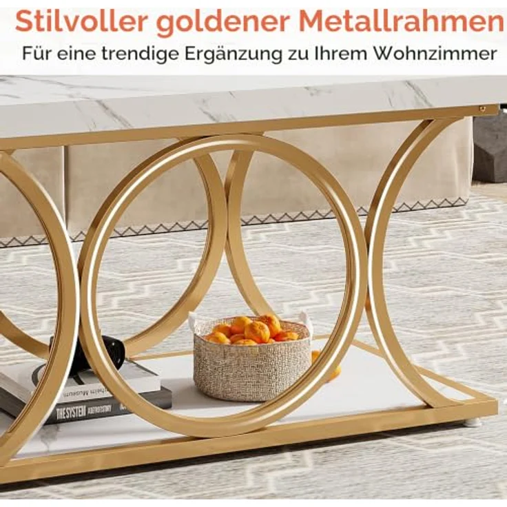 LITTLE TREE Weißer rechteckiger Couchtisch, 119 cm, moderner Couchtisch für Wohnzimmer, 2-stöckiger Couchtische aus Kunstmarmor, mit Stauraum, großer Mitteltisch mit goldfarbenen Metallbeinen – Bild 7
