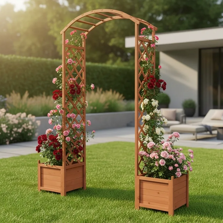 Rosenbogen Braun Rankhilfe Blumenkübel Torbogen Spalier Rankgitter Holz Pergola