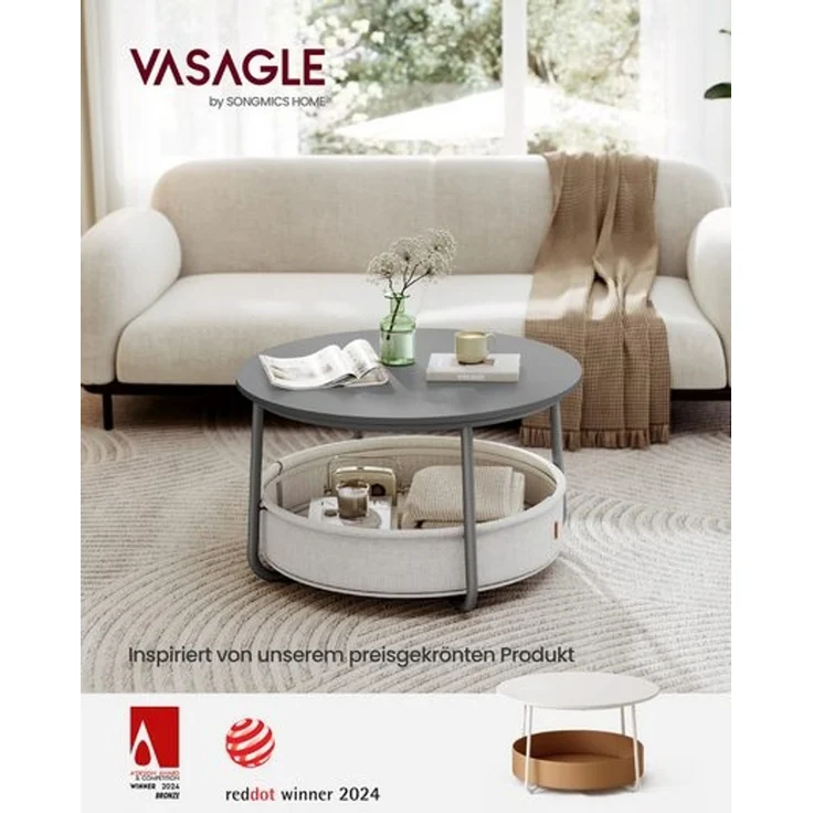 VASAGLE Couchtisch oval, Tisch mit Stauraum, Beistelltisch, Wohnzimmertisch mit Korb aus Stoff, modern, Metallrahmen, zementgrau – Bild 5