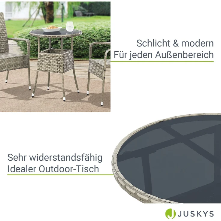Juskys Polyrattan Gartentisch Yoro wetterfest - Balkontisch Ø 60 cm rund - Rattan Beistelltisch mit Glasplatte - kleiner Tisch für Balkon - Grau – Bild 3