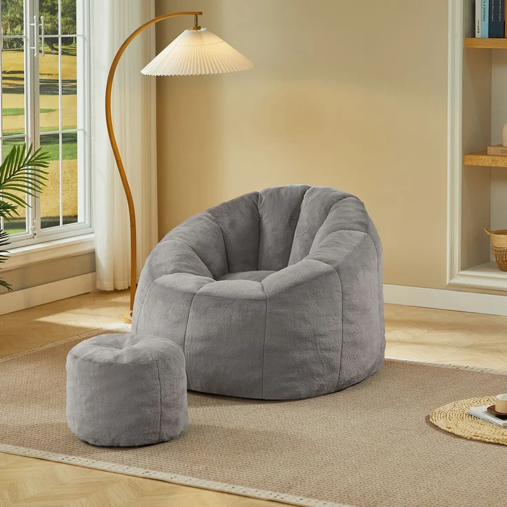 Weicher Blüten-Sitzsack für Erwachsene mit Fußhocker, vakuumverpackt ohne Montage, ideal für Wohnzimmer, Schlafzimmer & Balkon,Hellgra--Grau--105x105x70cm--YOUDENOVA – Bild 1