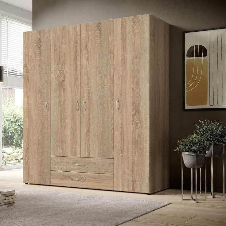 'Base 4' Kleiderschrank, 4-türig, Eiche Sägerau Dekor, 160 x 177 x 52 cm – Bild 2