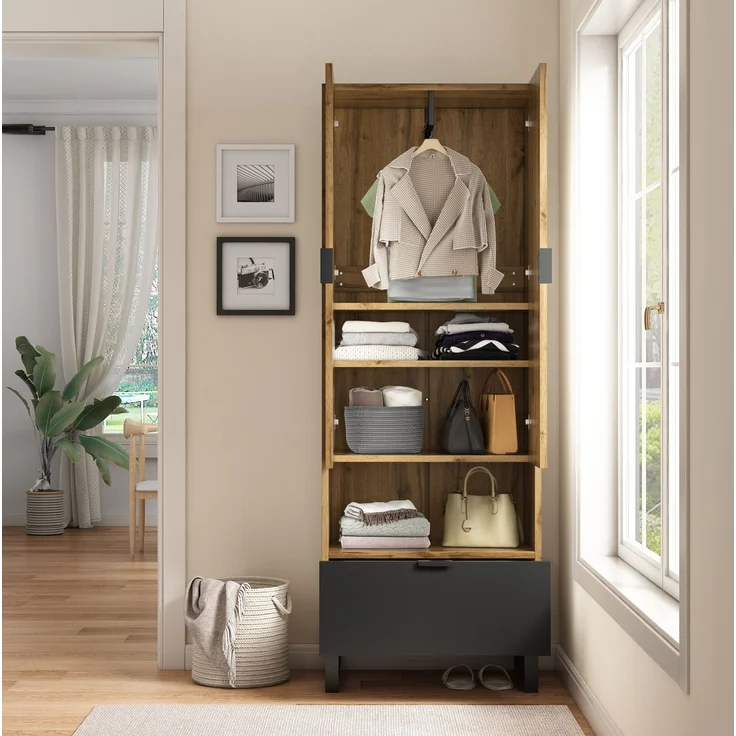DESVIAE Garderobenschrank mit Kleiderstange und Schublade, 65x180x38 cm, Spanplatte, Natur/Schwarz – Bild 3