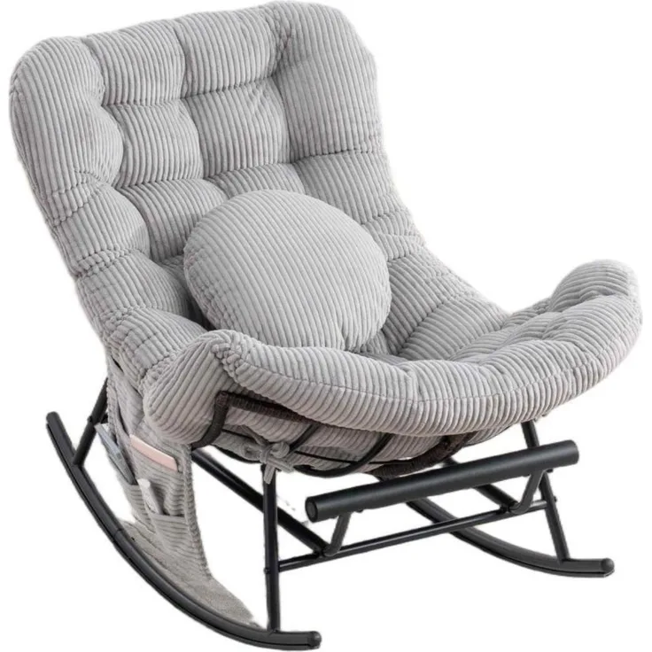 LVHOM Schaukelstuhl mit ausziehbarer Fußstütze, Rattanstuhl mit Stahlrahmen, Schaukelsessel mit gepolstertem Kissen und Seitentasche, Lounge Sessel, 1 St, Hellgrau
