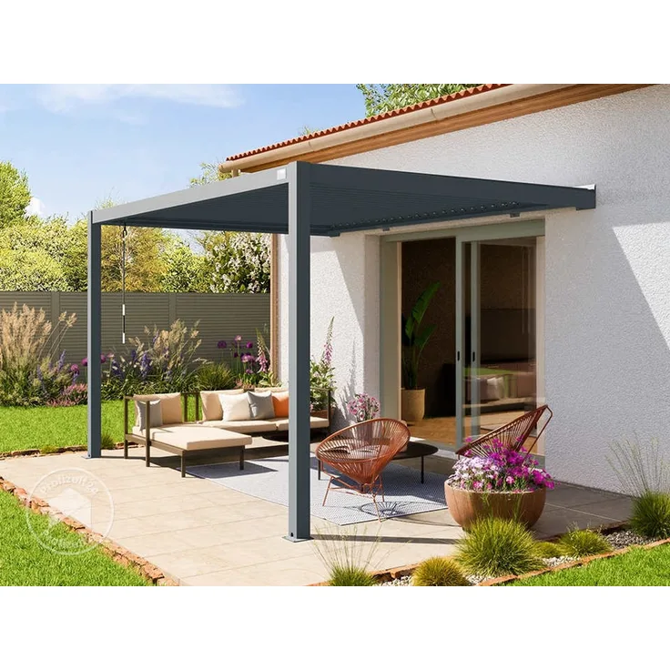 PRIMEYARD Terrassenüberdachung 3x4 m Aluminium-Pfosten mit Lamellendach aus Stahl anthrazitfarbene Anbau-Pergola
