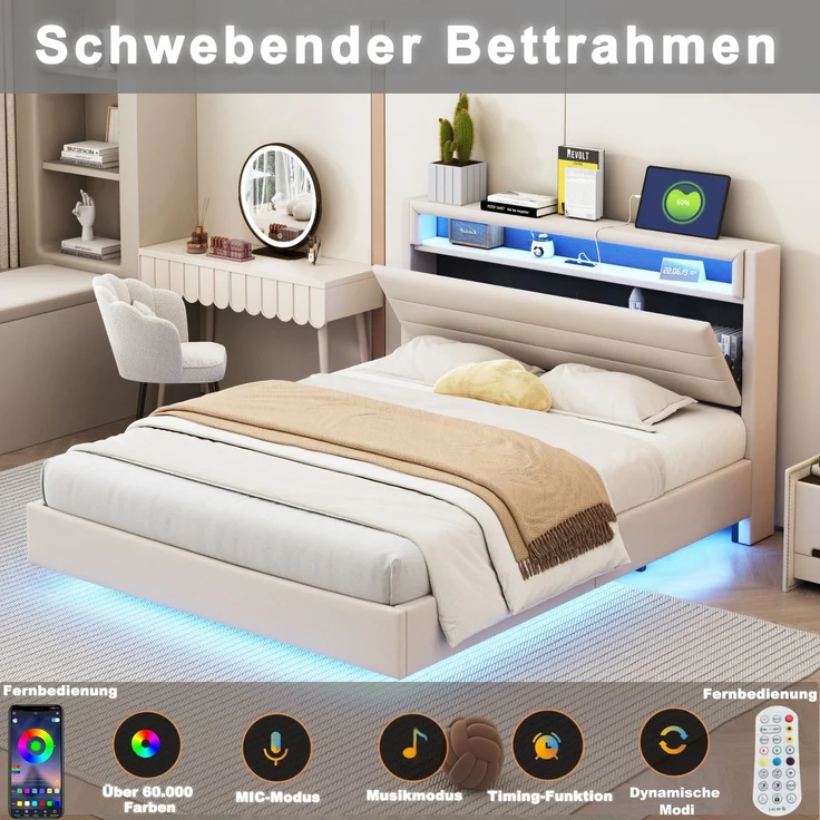 Polsterbett 160x200 cm mit USB-Steckdose und LED-Licht, wendbares Kopfteil, verdecktes Fußteil, Doppelflachbett, Jugendbett, Erwachsenenbett, Leinenstoff Beige – Bild 4