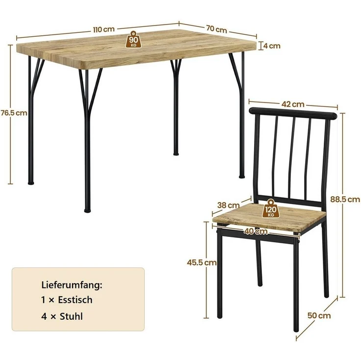 Yaheetech Essgruppe, Esstisch mit 4 Stühlen für 4 Personen Küchentisch-Set für Esszimmer – Bild 3