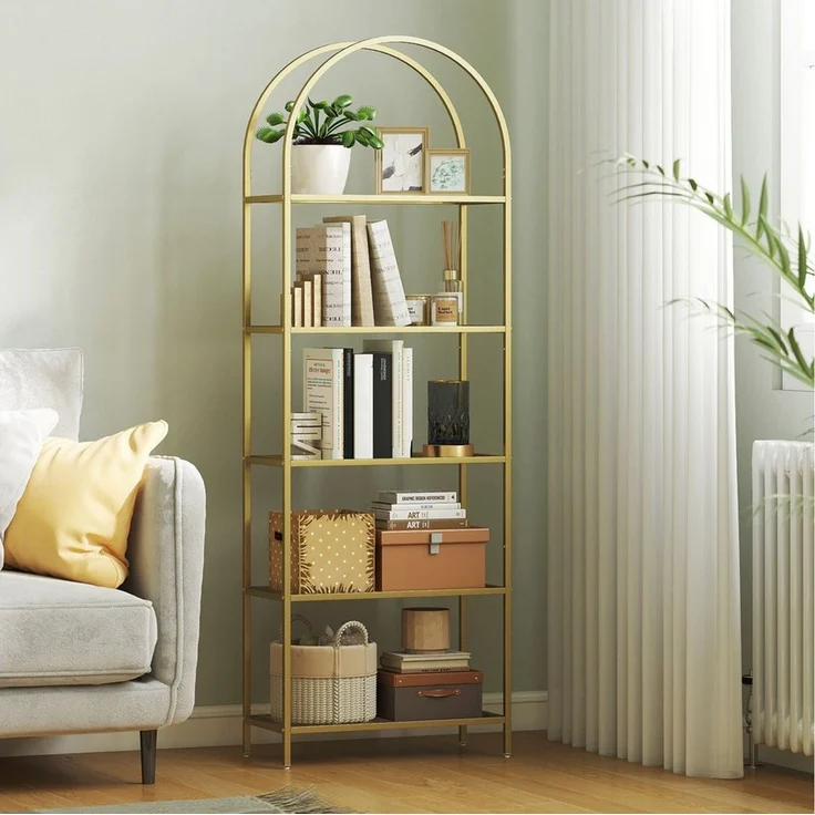 MC Star Bücherregal 5-stufiges, gewölbtes Glasregal für Wohnzimmer, Büro, Schlafzimmer, 60 x 30 x 175 cm, Gold – Bild 4