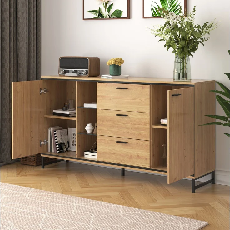 DESVIAE Sideboard mit LED-Beleuchtung, verstellbaren Regalböden, 160x85x40 cm, Spanplatte und MDF, Naturholz und Schwarz – Bild 3