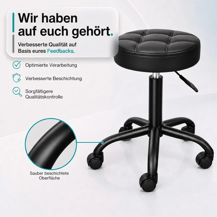 Movaro Rollhocker mit Metall-Basis und leisen Softrollen [Neues Modell] - höhenverstellbar, 360° drehbar, kratzfrei und stabil - ergonomischer Hocker mit Rollen | Arbeitshocker | Bürohocker 44x44x50-63 cm [Schwarz] – Bild 7