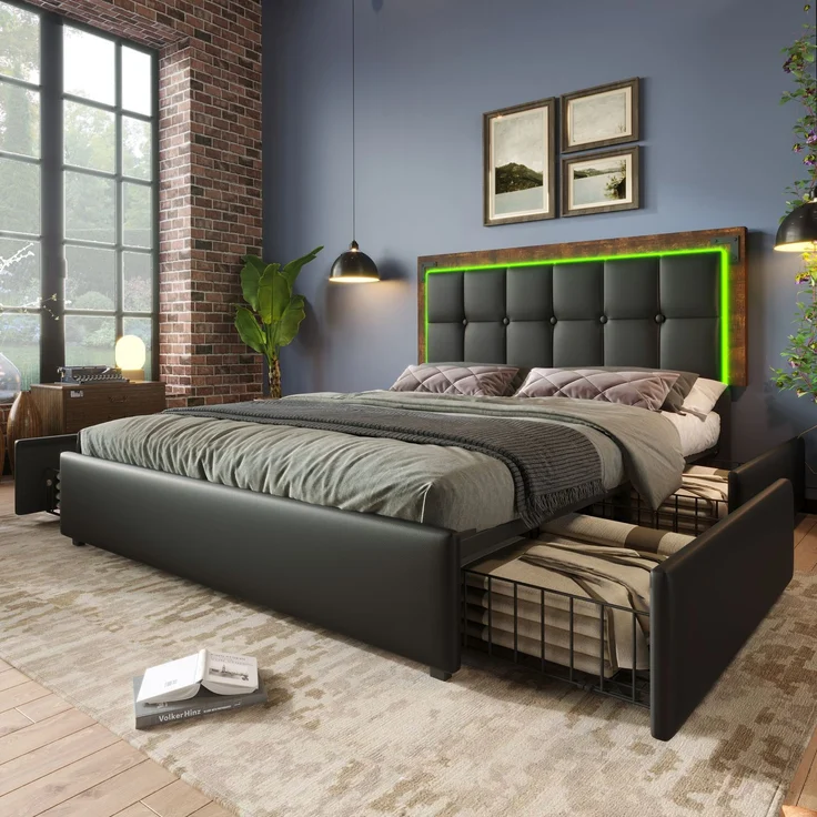 Einzelbett 160x200 cm mit LED-Beleuchtung, 4 Schubladen, höhenverstellbares Kopfteil, Luxus-Kunstleder Schwarz,inklusive Matratze – Bild 5