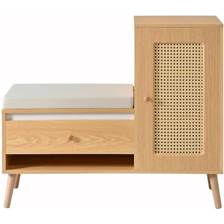Rattan Garderobenbank mit Schuhschrank & Sitzpolster, Naturfarbe – Bild 1