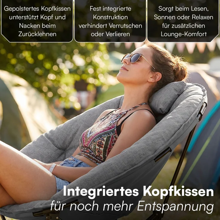 STEELSØN 'Hoggar' Moonchair faltbar, gepolsterter Campingstuhl grau, bis 150 kg, mit Kopfkissen und Tragetasche – Bild 4