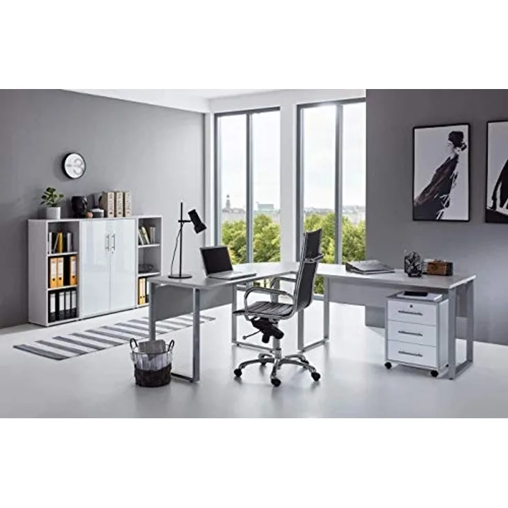 BMG Möbel Büromöbel-Set Office Edition Set 2, (Büro Set, 5 tlg, Fronten Matt oder Hochglanz lackiert), Aktenschrank und Rollcontainer abschließbar, Winkelschreibtisch