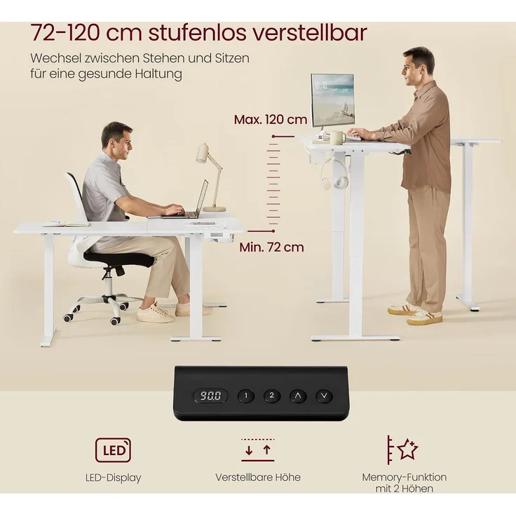 VASAGLE Höhenverstellbarer Schreibtisch elektrisch, L-förmiger Eckschreibtisch, mit Ladestation, Memory-Funktion mit 2 Höhen, für Homeoffice, wolkenweiß-mattweiß, 140x160 cm – Bild 4