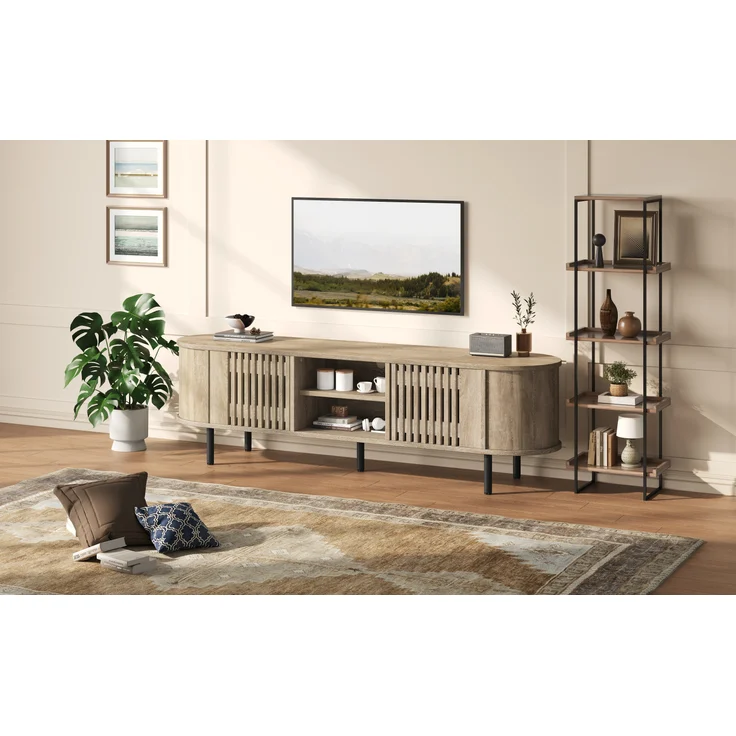 TV-Schrank Lowboard aus MDF mit durchbrochenem Holzdesign & 5 Beinen, für bis zu 65 Zoll, 160x40x47 cm, Naturholz – Bild 1