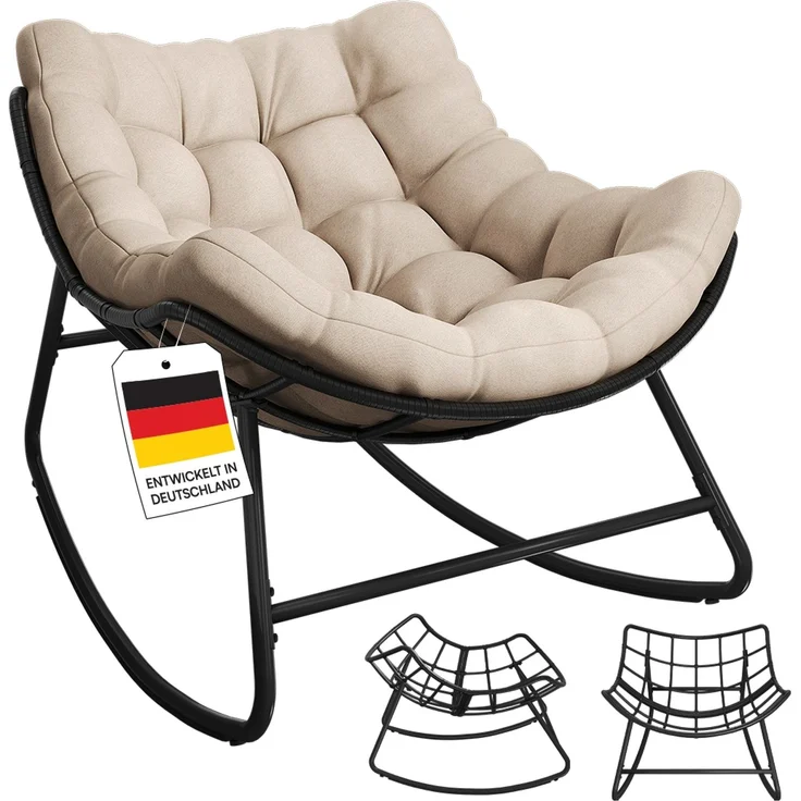STEELSØN 'Veldora' Schaukelstuhl, schwarzes Polyrattan, Kissen beige, ergonomischer Relaxsessel, bis 125kg, XXL Schaukelsessel 75×100×65 cm – Bild 1