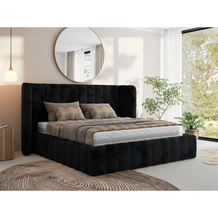 Polsterbett GOLETTA CLASSIC 140 x 200 cm mit gepolstertem Kopfteil, stabilem Bettrahmen, Lattenrost und Bettkasten mit Gasdruckfedern, Doppelbett, zeitloses Design - Schwarz Plüsch – Bild 1