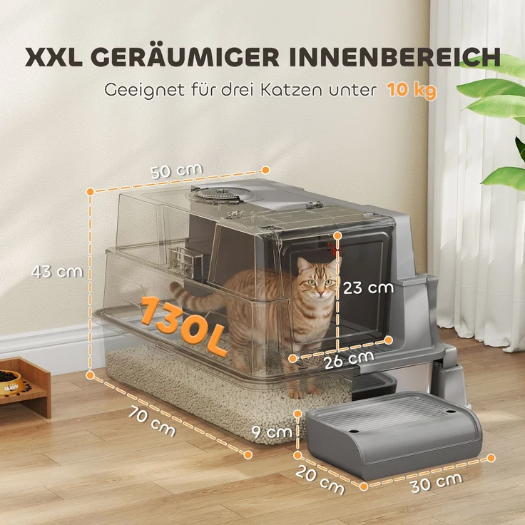 PawHut Katzenklo, Edelstahl, ABS, Grau, 70L x 50B x 43H cm – Bild 3