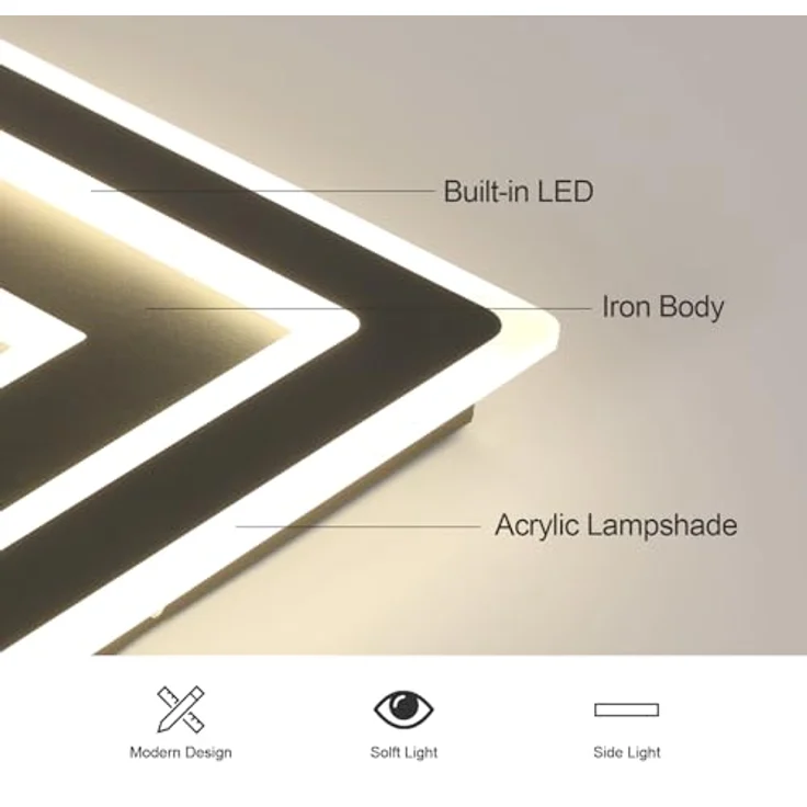 Comely LED Deckenleuchte Schwarz Quadratisch for Wohnzimmer, 52W 5850LM 40cm Moderne Deckenlampe Deckenbeleuchtung Lampen für Schlafzimmer, Wohnzimmer, Natürliches Licht 4500K, 40cm – Bild 4