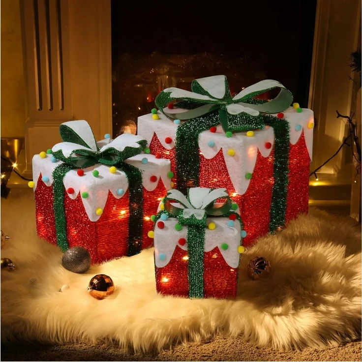 LALAHO LED Dekolicht LED Geschenkbox Weihnachtsdeko 3er Set, mit 60 warmweißen LEDs Weihnachtsdeko beleuchtete 18/13/10 cm – Bild 1