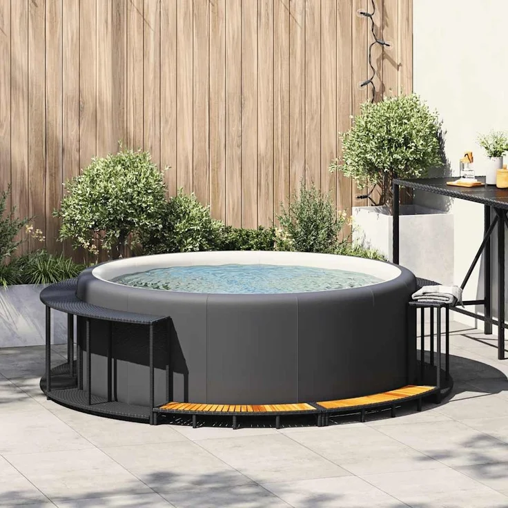 vidaXL Whirlpool-Umrandung mit Stauraum Holztreppe Schwarz Poly Rattan 365610 – Bild 2