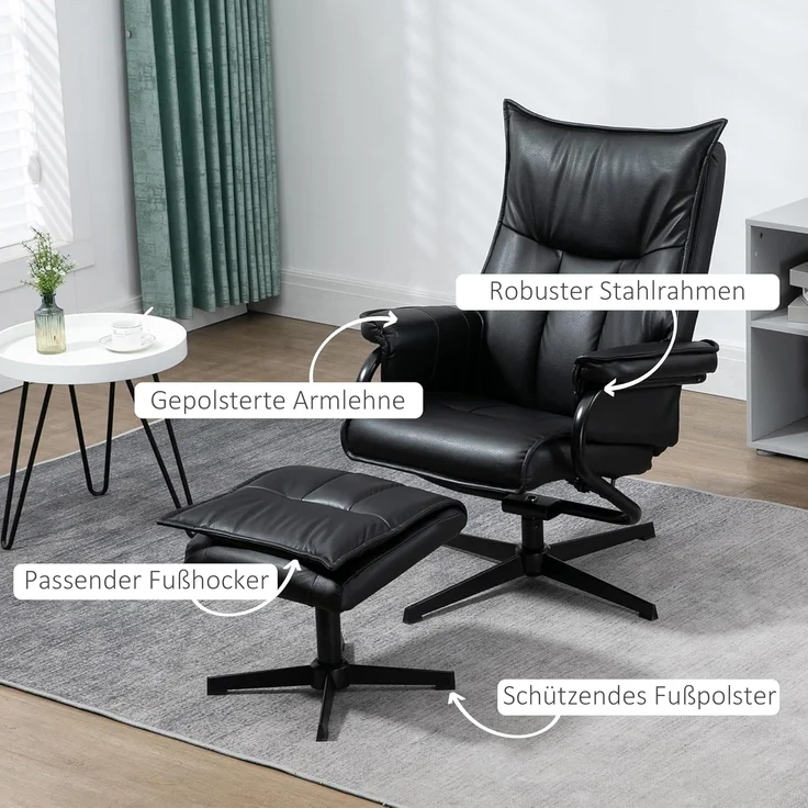 HOMCOM Polsterstuhl drehbarer Relaxsessel mit Hocker (Ruhesessel, 2 St), für Wohnzimmer, Büro, Kunstleder, Stahl, Schwarz – Bild 7