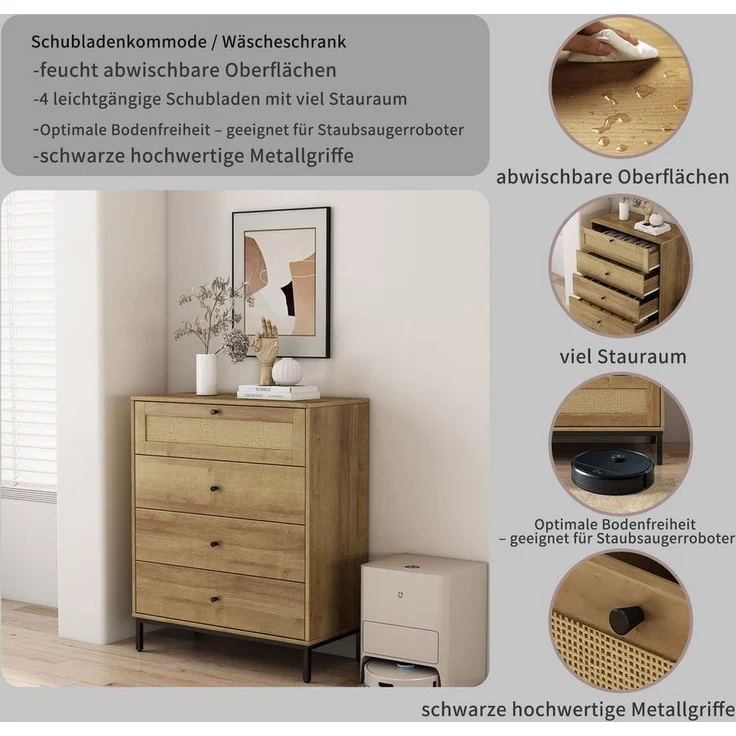 OTTO home Kombikommode Motala Sideboard Wäscheschrank im BOHO Design Bestseller Kommode (Eichen-Design mit Geflecht Schublade und schwarzen Griffen), Schrank Schlafzimmer mit 4 Schubladen hochwertig – Bild 2