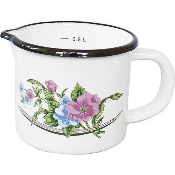 Milchtopf VENEDIG 0,6 Liter mit Ausguss und Skala, Emaille weiß mit Blumenmotiv – Bild 1