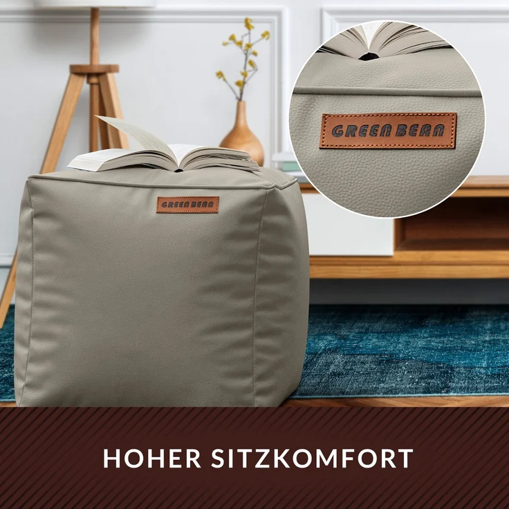 Green Bean® Sitzhocker aus Kunstleder - Pouf mit EPS Perlen Füllung - 40 x 40 cm - perfekte Ergänzung zum Sitzsack - Hellbraun-Grau – Bild 5