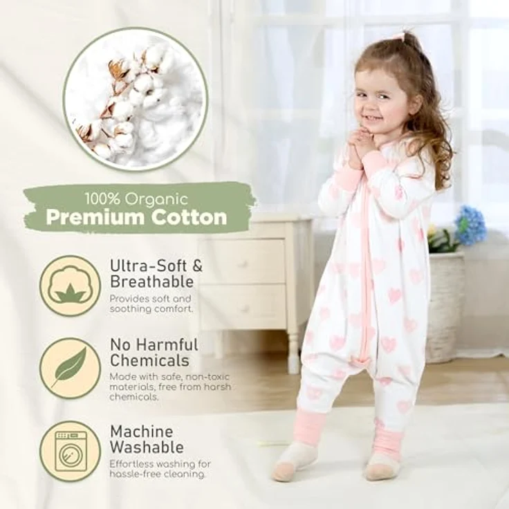 Mama Cheetah Toddler Schlafsack mit Füßen, Long Sleeve 0,5 TOG Bio-Baumwolle Baby Schlafsack mit Beinen, Wearable Decke für Wanderer w / 2-Wege-Reißverschluss, Kleinkind Decke, 4-5T – Bild 2