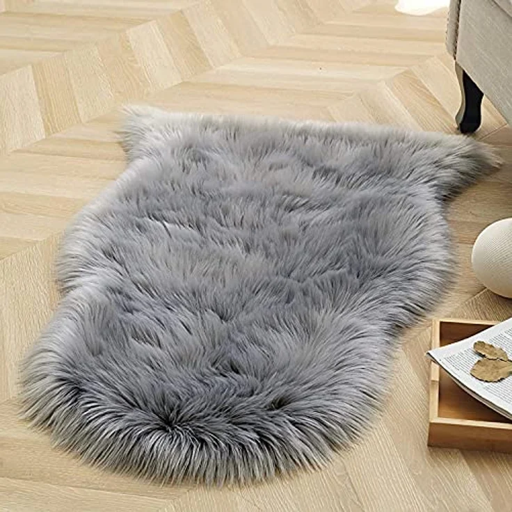 HEQUN Lammfell-Teppich Kunstfell Schaffell Imitat Wohnzimmer Teppiche Flauschig Gemütliches Schaffell Bettvorleger Sofa Matte (Grau, 75x120 cm) – Bild 5