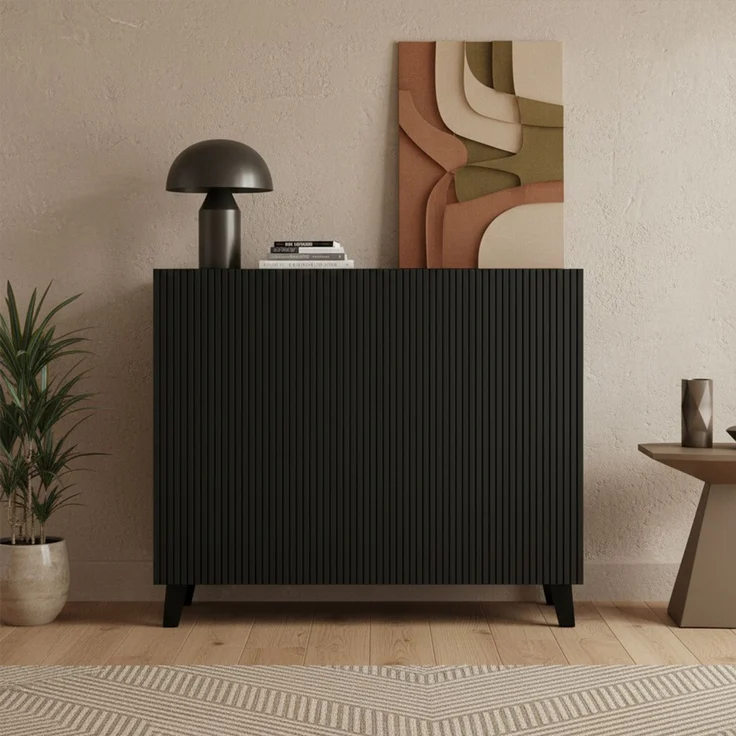 Bellamio 'Tana' Kommode, schwarz mit geriffelter Front, 85x40x92 cm, Sideboard mit 2 Türen und 4 Fächern – Bild 7