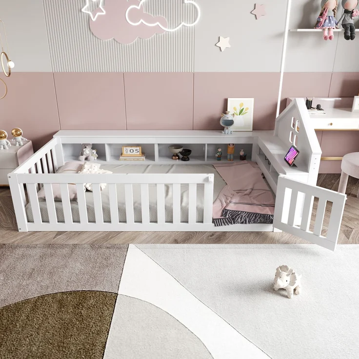 Kinder Hausbett aus Massivholz mit Stauraum, Sicherheitsgeländer & kleiner Tür,mit Dachdesign, Fensteroptik & Regalfächern,Weiß – Bild 2