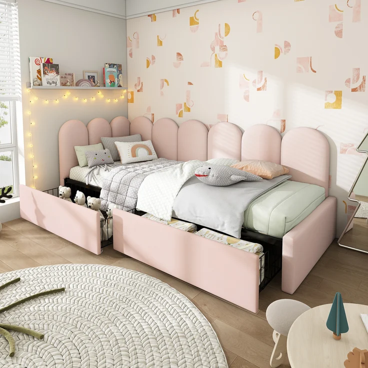 Daybed Rosa mit 2 Schubladen & Rückenlehne Samt Polsterbett 90x190 cm,Tagesbett Schlafsofa Gästebett,Stauraumbett – Bild 3