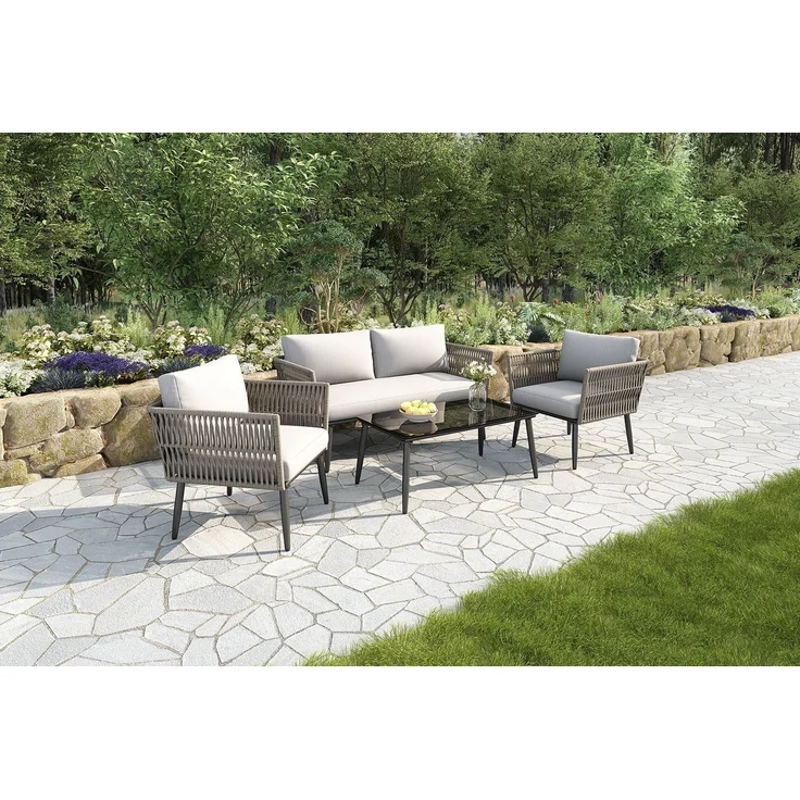 Ball & Cast Gartenmöbel Set für 4 Personen, Balkonmöbel mit 2-Sitzer Sofa, Couchtisch und 2 Sesseln, Lounge Möbel Outdoor mit Glastischplatte und Geflochtenes PE-Seil aus Wassergrasimitat, Grau – Bild 4
