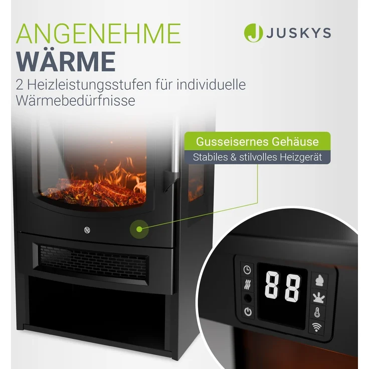 Juskys Elektrokamin 1800W – Schwarz, elektrischer Standkamin mit LED-Flammeneffekt, WLAN/App-Steuerung, Fernbedienung – Bild 3