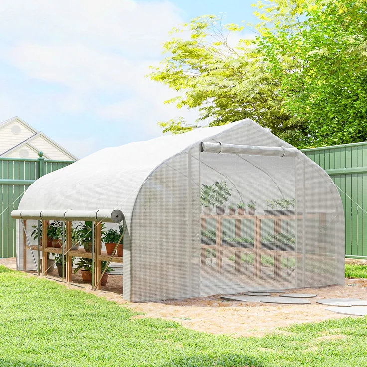 MELAYR, 12 m² Tunnelgewächshaus, Mit Tür und 8 Fenstern, PE-Folie (140 g/m²), 400 x 200 x 200 cm, weiß – Bild 4
