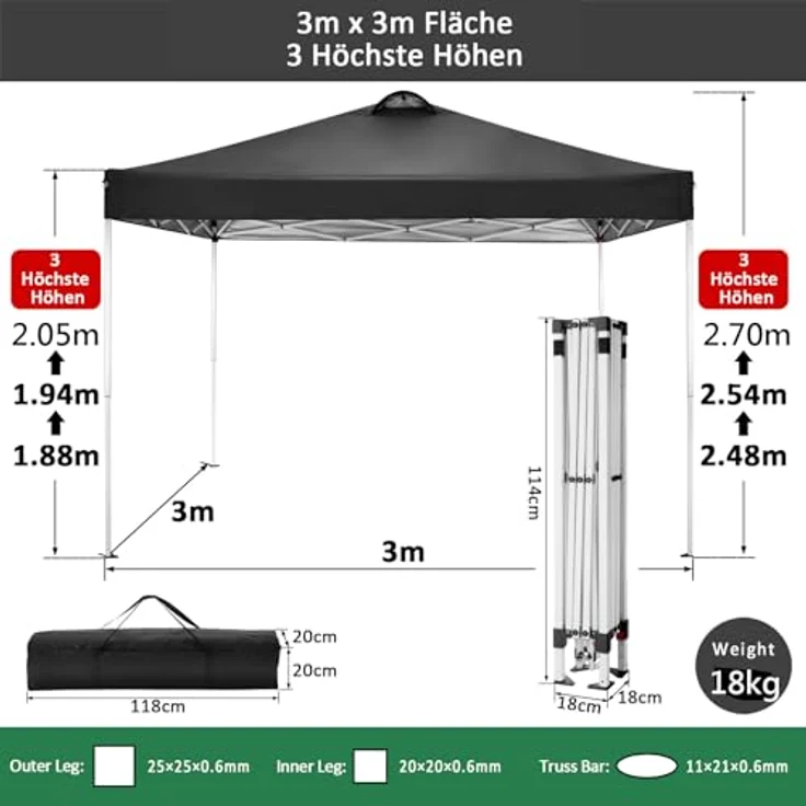 COBIZI Pavillon 3x3 m Wasserdicht Stabil Winterfest Faltpavillon Partyzelt Gartenpavillon mit Entlüftung, 4 Seitenteilen, 4 Sandsack, Höhenverstellbar, Pop up Faltbar Gartenzelt, Schwarz – Bild 6