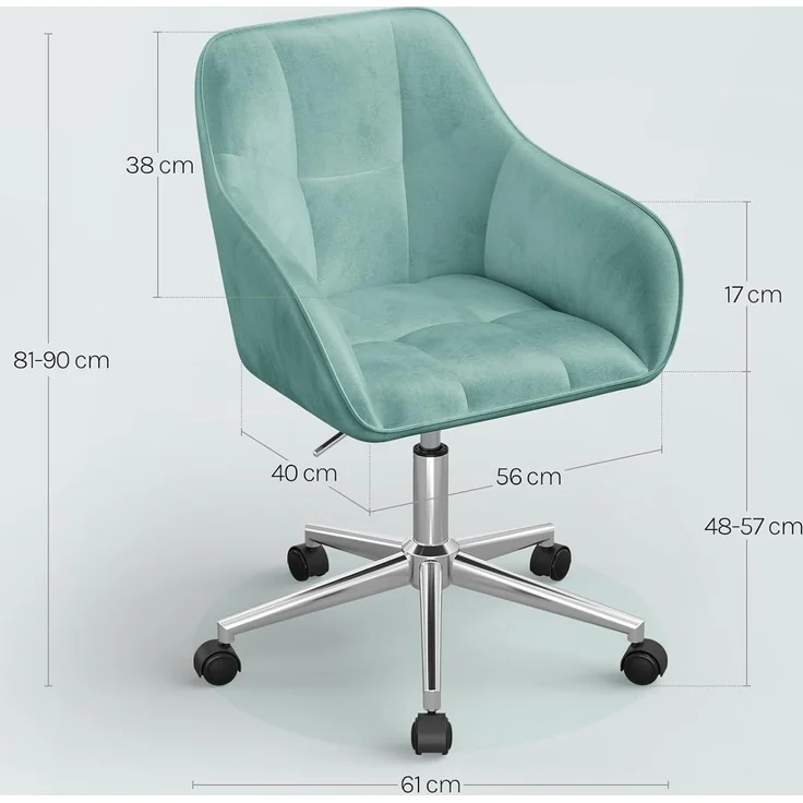 WOLTU Homeoffice Stuhl, Schreibtischstuhl, Drehstuhl, Schminkstuhl, höhenverstellbar, bis 150 kg belastbar, mit Armlehnen Samtsitz, für Schlafzimmer Büro Wohnzimmer, Türkis BS145ts – Bild 3