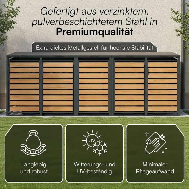 STEELSØN 'Kestra' Mülltonnenbox 5er je 240 Liter, anthrazit mit Holzoptik, Mülltonnenverkleidung aus Stahl, wetterfest, 116x80x337 cm, Müllbox für 5 Tonnen – Bild 5