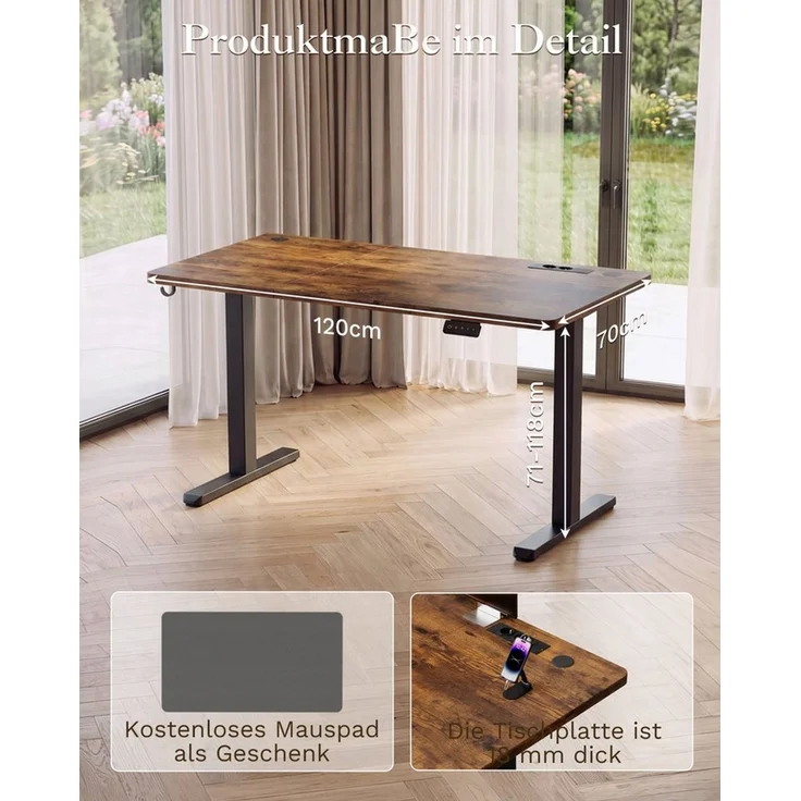 HOMALL Schreibtisch Höhenverstellbarer schreibtisch Mit Steckdose,18 mm Tischplatte (Großzügige Arbeitsfläche:120/140/160x70 cm,Inklusive gratis Desk-Pad,mit 2 Steckdosen & 2 USB-Anschlüssen, Memory-Funktion, LED-Display) – Bild 2