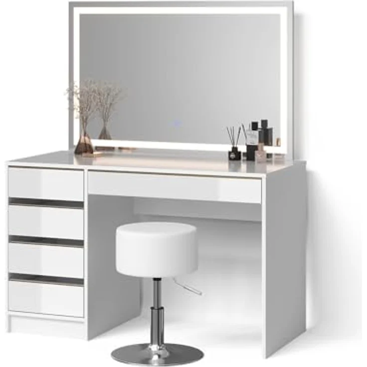 Livinity® Schminktisch Imola, Weiß/Gold/Gold, mit LED-Spiegel und Hocker (2-St) – Bild 2