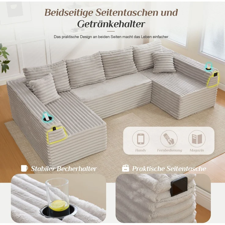 U-Sofa 320 x 155 x 88 cm aus Cord in Hellgrau – modulares Sofa mit Getränkehalter und Seitentasche – Bild 5