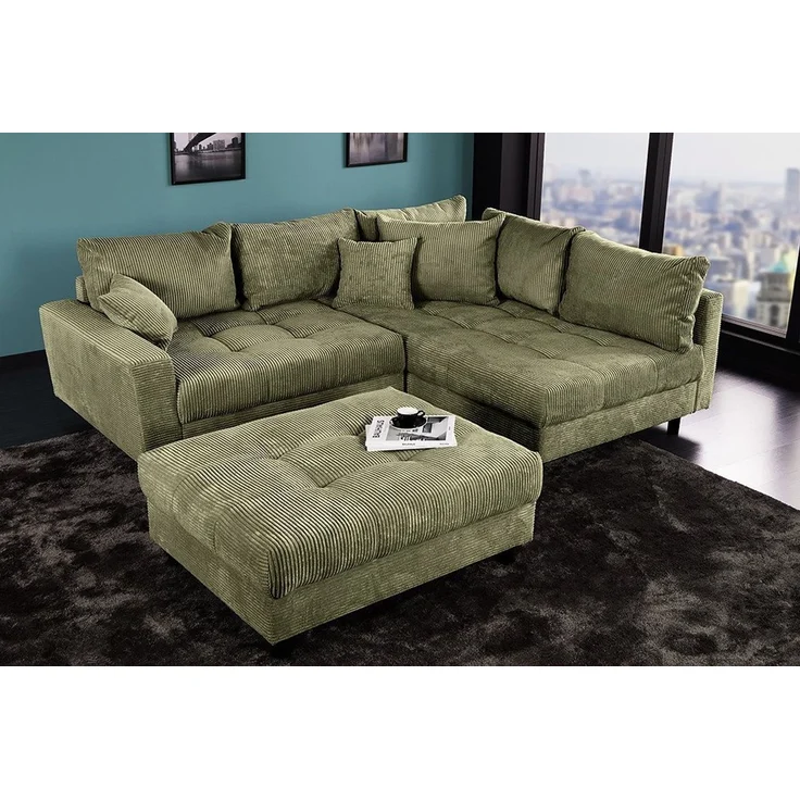 riess-ambiente Ecksofa KENT 220cm grün- Cord, L-Form, Federkern, m. Kissen, FSC-zertifiziert, Einzelartikel 1 Teile, Moderne Wohnlandschaft inkl. Hocker - ideal für Wohnzimmer u. Familien – Bild 2