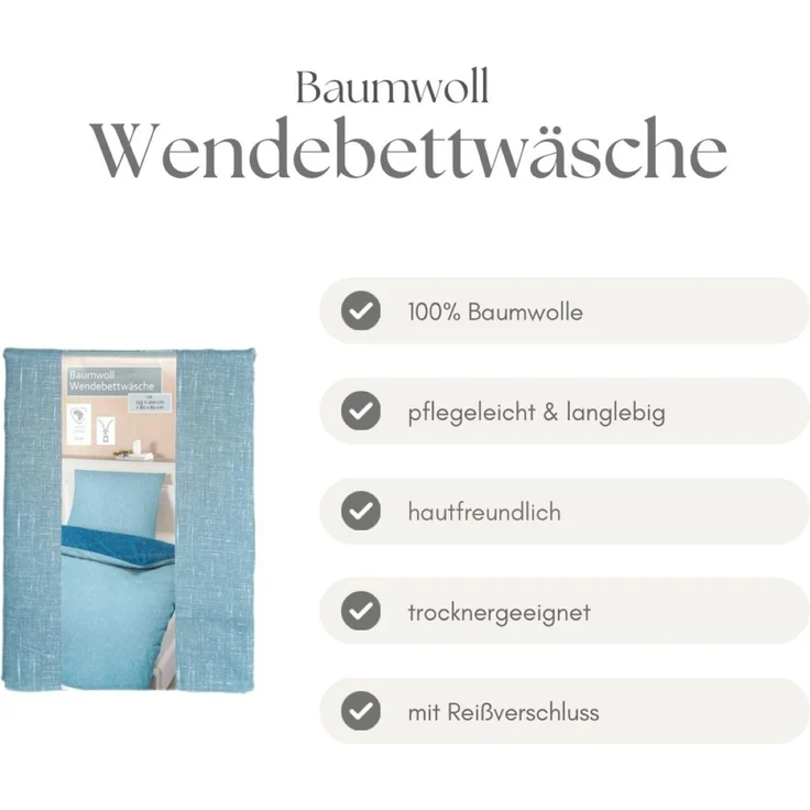 Renforce Wendebettwäsche mit Reißverschluss - Bettwäsche aus 100% Baumwolle, Blau 135x200 cm + 80x80 cm – Bild 3