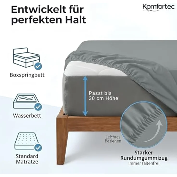 Komfortec Mikrofaser Spannbettlaken 140x200 cm – Weiches Spannbetttuch mit Rundumgummi – Fitted Sheet für Matratzen bis 30 cm – Grau – Oeko-Tex – Pflegeleicht & Hautfreundlich – 90g/m² – Bild 3