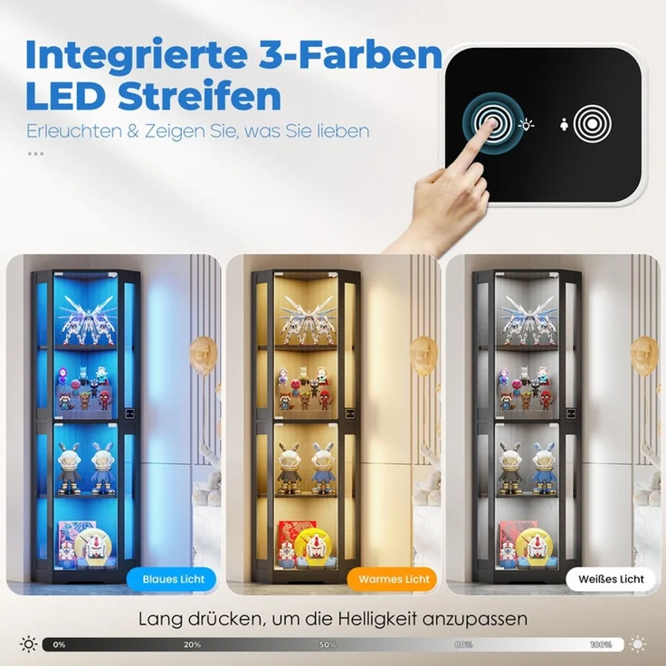 Eckvitrine 165x56x37 cm, 4-stöckiger Glasvitrinenschrank mit LED-Beleuchtung, griffloses Design, Schwarz – Bild 5